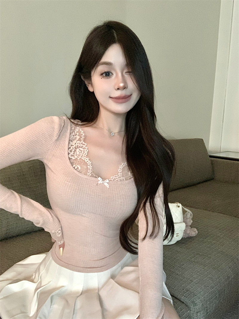 실사 정가 순수한 욕망 바람 우유 토끼 레이스 레이스 패치워크 티셔츠 몸매 가꾸기 슬림해 보이는 품격 이른 가을 chic 맨위 여성