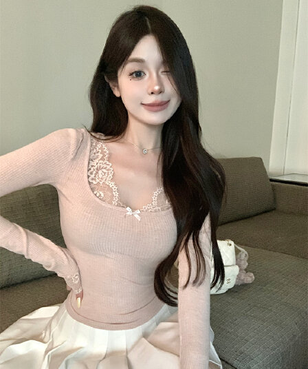 실사 정가 순수한 욕망 바람 우유 토끼 레이스 레이스 패치워크 티셔츠 몸매 가꾸기 슬림해 보이는 품격 이른 가을 chic 맨위 여성