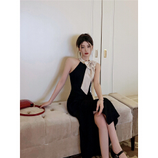 批发实拍实价小个子气质丝巾蝴蝶结挂脖<b class='q'>连衣裙</b>收腰显瘦无袖中长款裙子