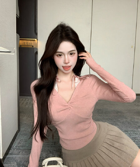 실사 정가 페이크 레이어드 레이스 조각 오프숄더 긴팔 티셔츠 순수한 욕망 바람 슬림해 보이는 몸매 가꾸기 인사이드 가져 가라. 만나는 맨위