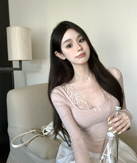 실사 정가 순수한 욕망 바람 우유 토끼 레이스 레이스 패치워크 티셔츠 몸매 가꾸기 슬림해 보이는 품격 chic 맨위 여성