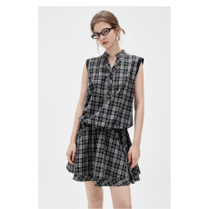 批发【伯克利小镇】复古格纹花苞连衣裙女装2026夏拼接a字短裙子