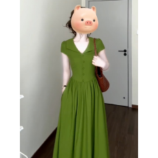 批发法式巨好看绿色连衣裙子女2026夏季新款独特漂亮掐腰夏日绝美长裙