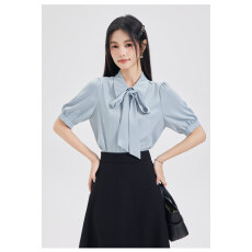 批发蓝色蝴蝶结短袖<b class='q'>衬衫</b>女教资面试上衣轻职场通勤正装<b class='q'>职业</b><b class='q'>衬衣</b>