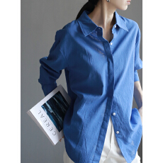 批发法式海蓝亚麻<b class='q'>衬衫女</b>薄款宽松气质老钱风高级感棉麻防晒衬衣