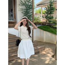 批发实拍 夏季温柔<b class='q'>白色</b>polo针织衫半身裙套装女气质显瘦A子中短裙