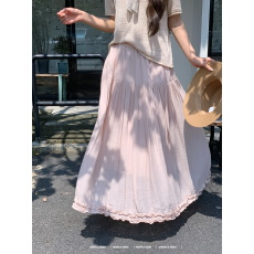 批发实拍韩系温柔风粉色大摆半身裙女 圆领复古针织宽松短袖<b class='q'>上衣</b>