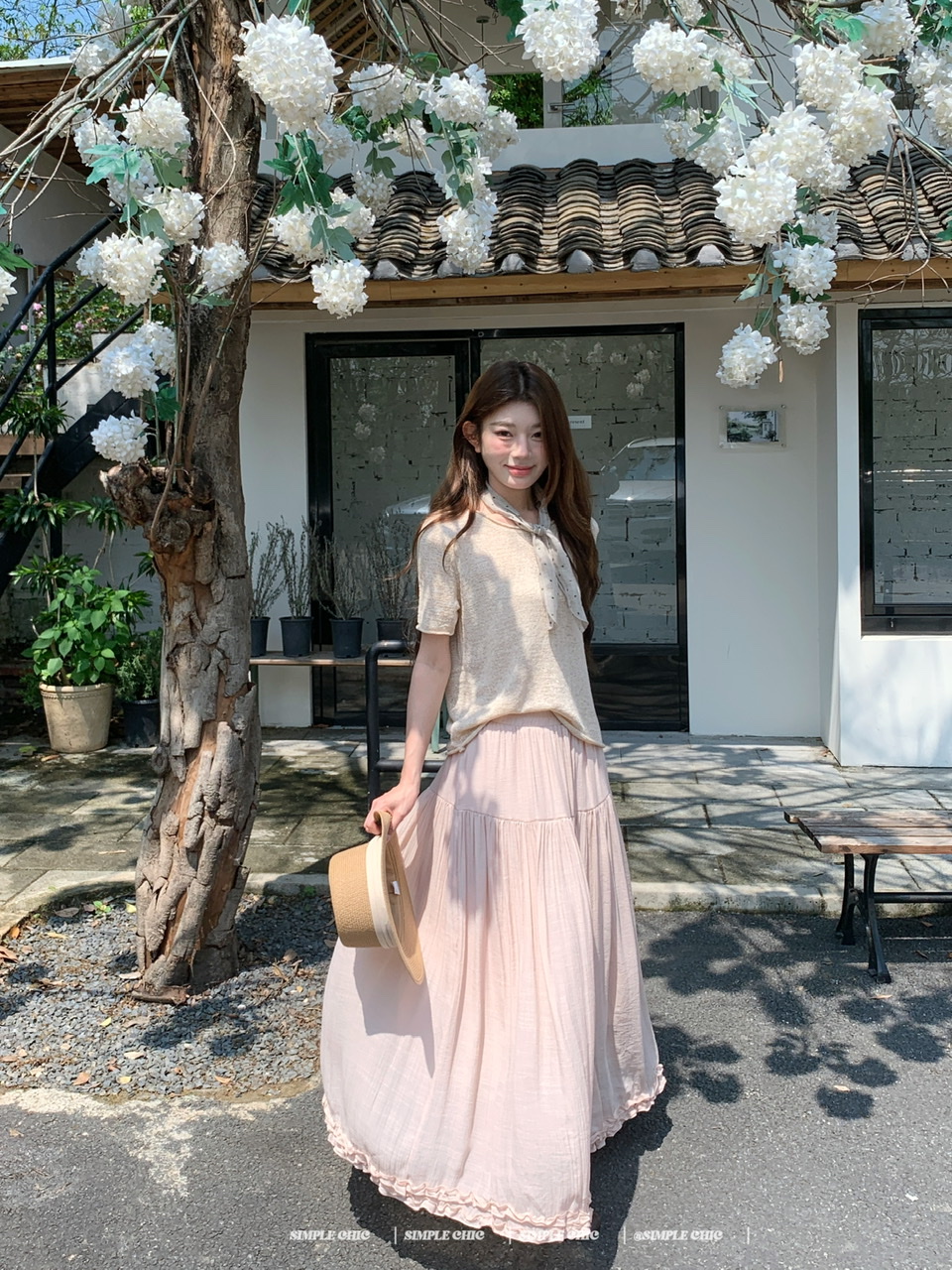 실사 한 부서 부드러운 바람 핑크색 큰 진자 반신 스커트 여성 라운드 넥 레트로 니트 루즈핏 반팔 맨위