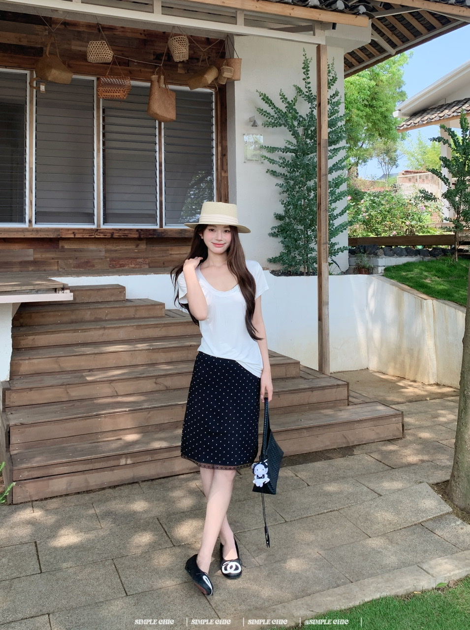 실사 레트로 검정색 작은 키 도트 무늬 반신 스커트 몸매 가꾸기 중간 스커트