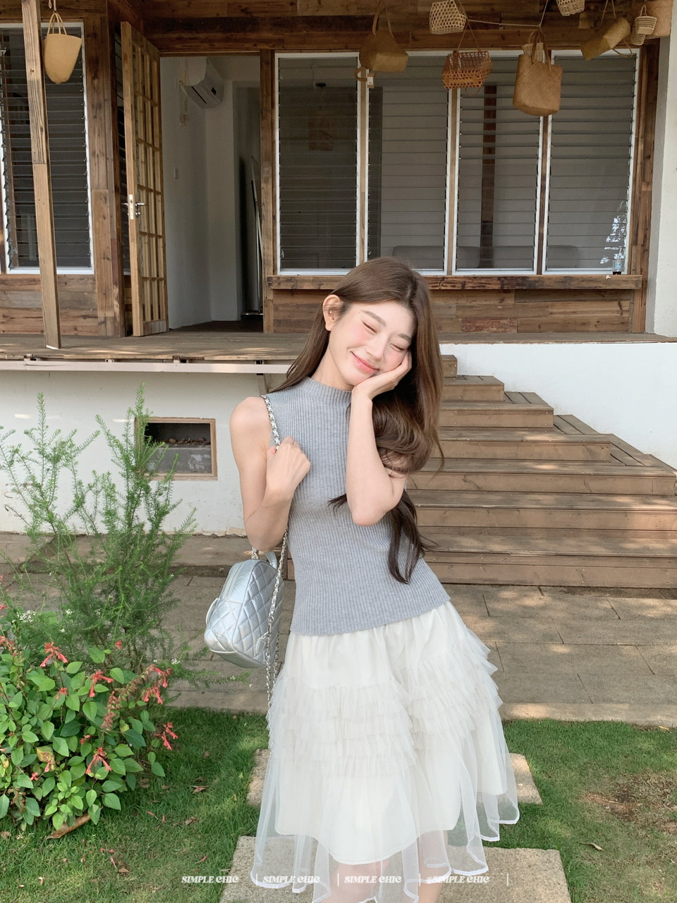 실사 프랑스식 품격 회색 민소매 니트 조끼 맨위 다중 레이어 케이크 드레스 작은 키 감기 세트