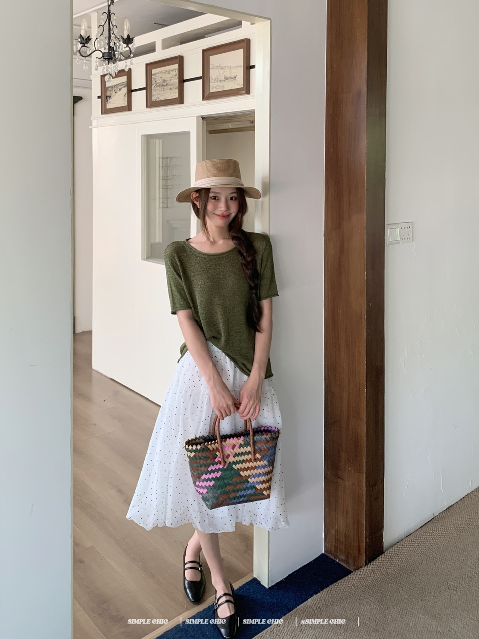 실사 레트로 녹색 라운드 넥 니트 반팔 느긋한 맨위 조금 퍼프 청 ~을 통해 반신 스커트 중 미니 스커트