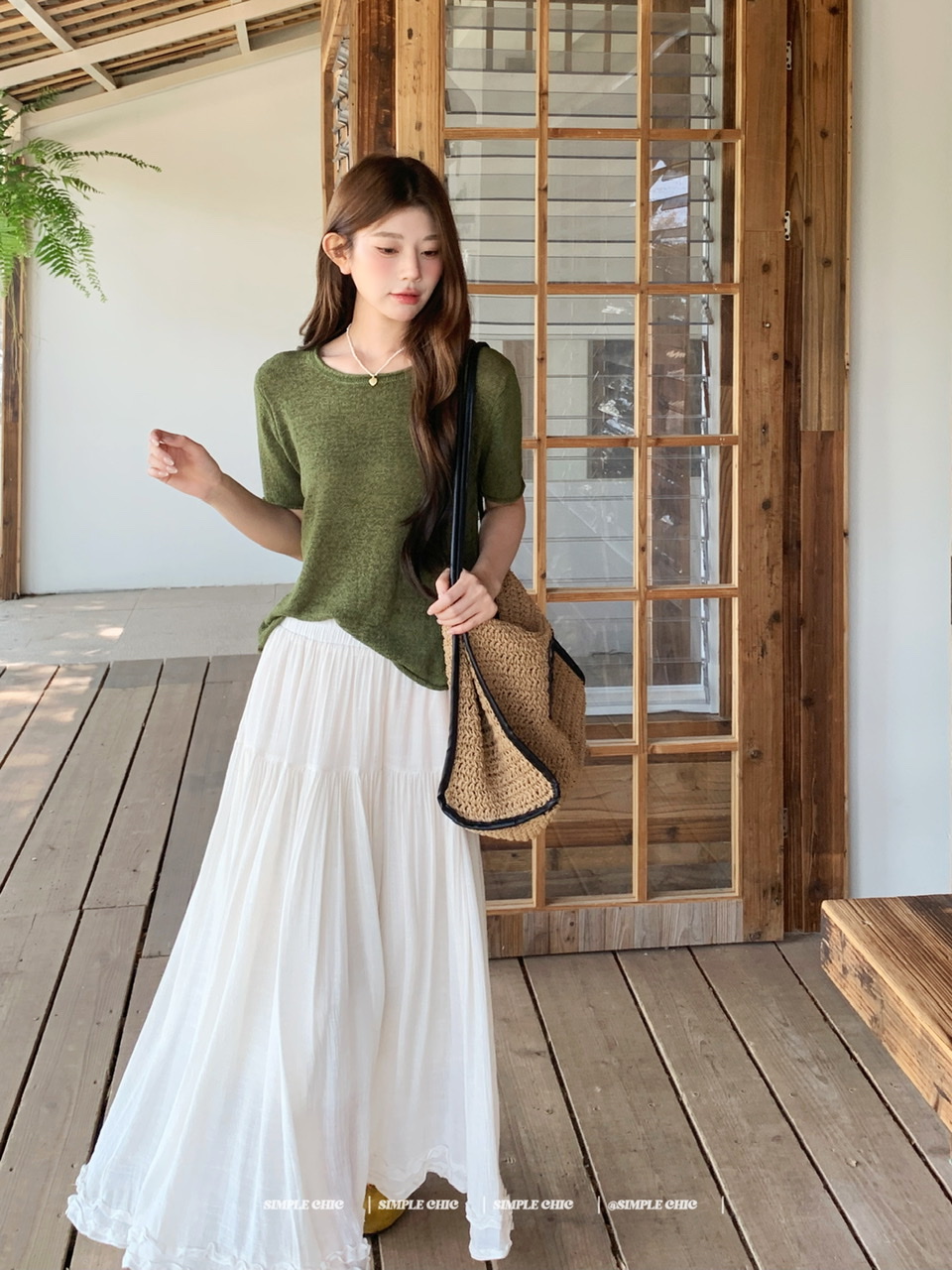 실사 녹색 니트 라운드 넥 루즈핏 맨위 루즈핏 레이스 미니멀리즘 느긋한 반신 스커트 롱 스커트
