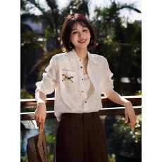批发老钱风亚麻衬衫彩虹单排扣小马口袋刺绣衬衣女春<b class='q'>秋</b>季