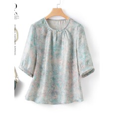 批发高端宋锦提花真丝短袖衬衫女2026年夏季新中式桑蚕丝圆领t恤小衫