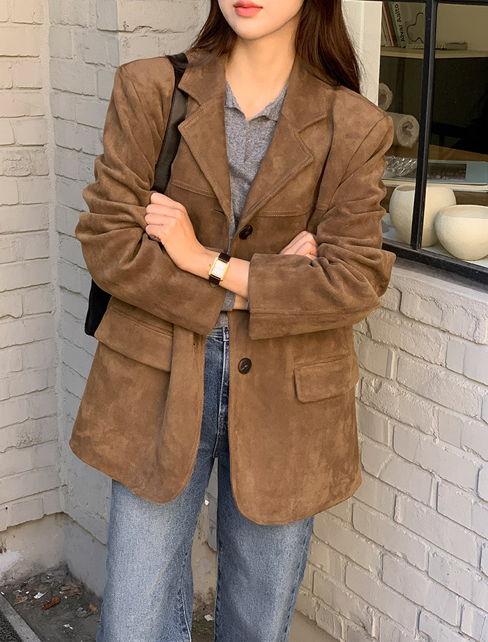 韩国chic麂皮绒宽松休闲长袖西装外套上衣