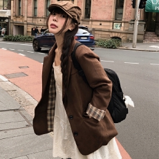 批发韩国ins 宽松格纹撞色 麂皮绒夹克 <b class='q'>西装</b>外套