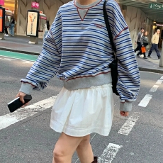 批发韩国chic 圆领 落肩袖 小波浪 Logo 条纹<b class='q'>卫衣</b>