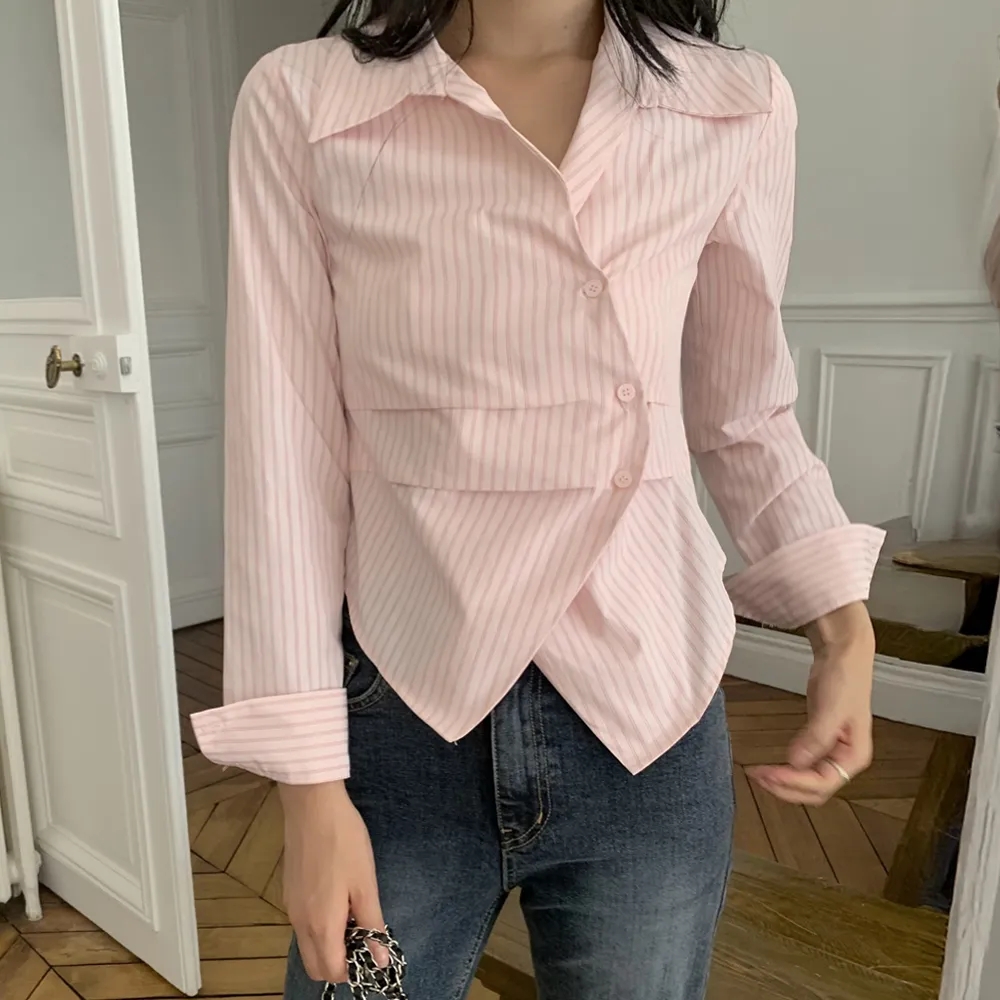 한국 chic 폴로 칼라 도루 Pleat 불규칙 스트라이프 긴팔 셔츠