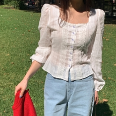 批发韩国chic 方领 蕾丝 花边 系带 <b class='q'>长袖</b>衬衫