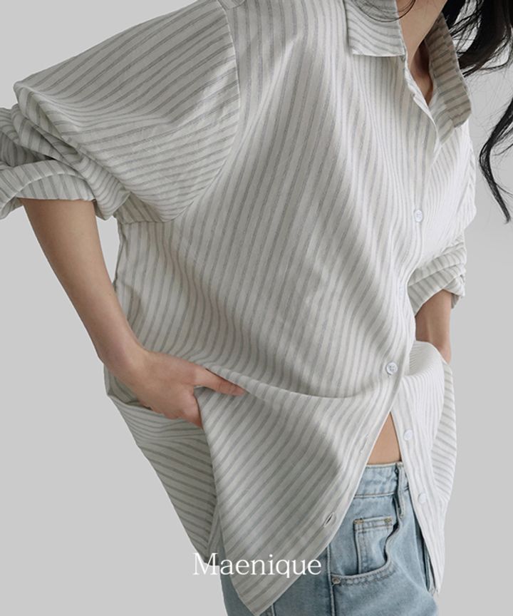 한국 chic 폴로 칼라 뒤로 펌프 Pleat 루즈핏 캐주얼 스트라이프 긴팔 셔츠