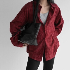 批发韩国chic 翻领 落肩袖 宽松 格纹 长袖<b class='q'>衬衫</b>