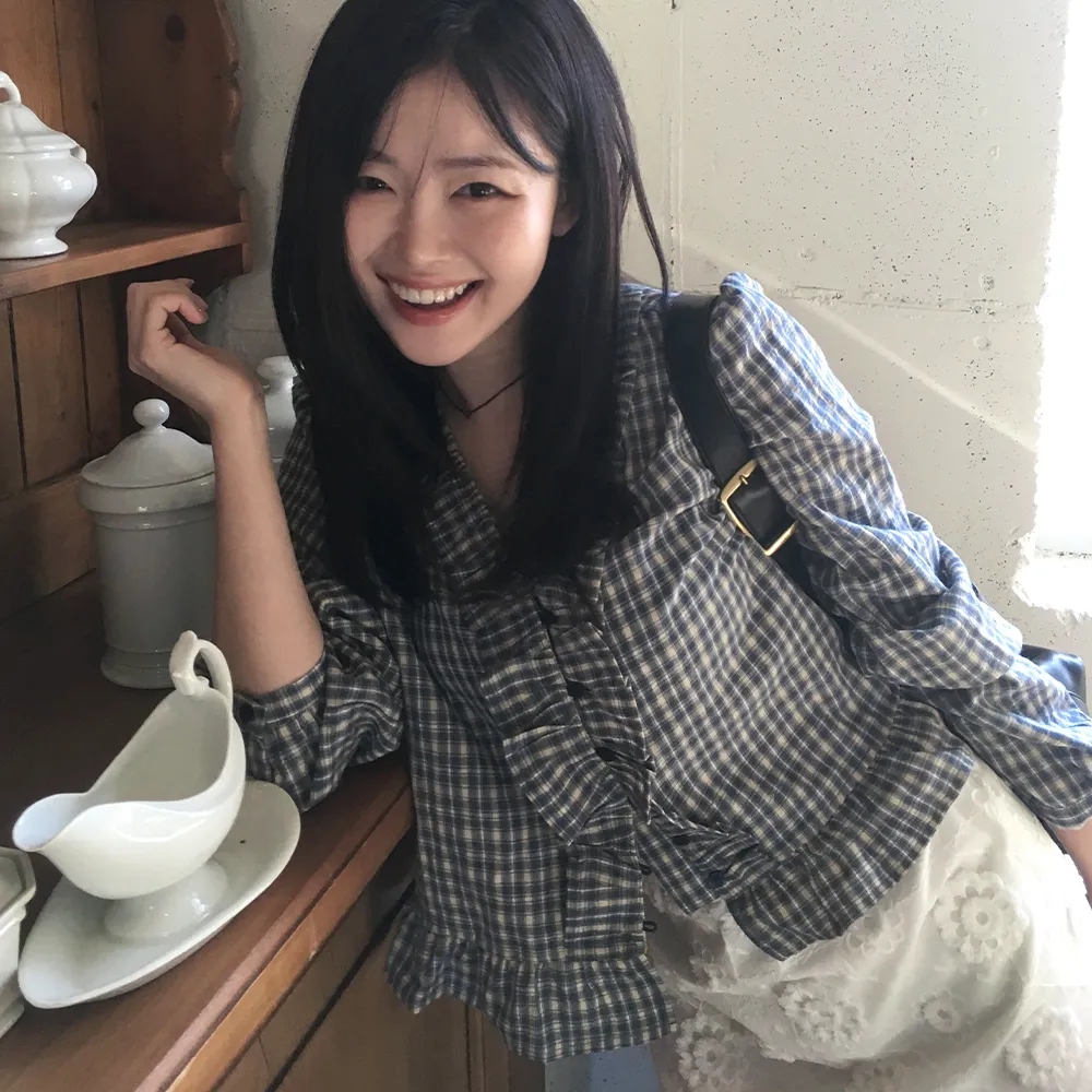 한국 chic 프릴 V넥 누수 방지 체크무늬 긴팔 셔츠