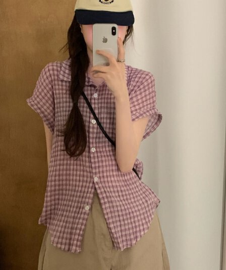 있음 선적 한국 chic 레트로 자외선 차단 체크무늬 셔츠 루즈핏 반팔 체크무늬 맨위