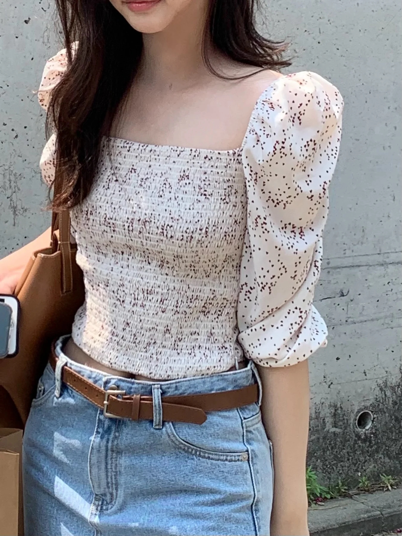 한국 chic 광장 칼라 거품 소매 몸매 가꾸기 슬림해 보이는 긴팔 셔츠