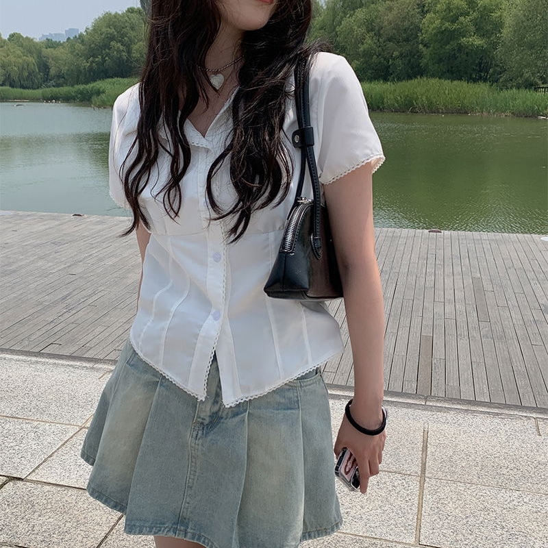 한국 chic 폴로 칼라 면 소재 레이스 몸매 가꾸기 슬림해 보이는 반팔 셔츠