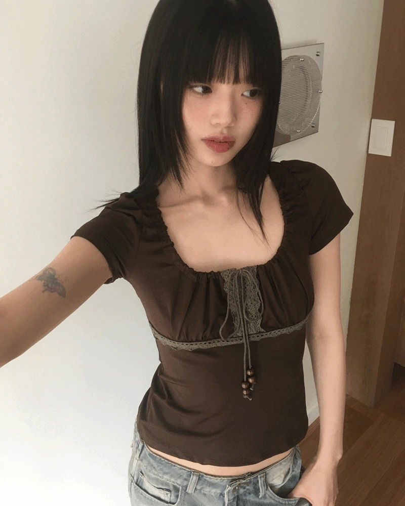 한국 chic 광장 칼라 비즈 레이스 레이스 몸매 가꾸기 반팔 티셔츠