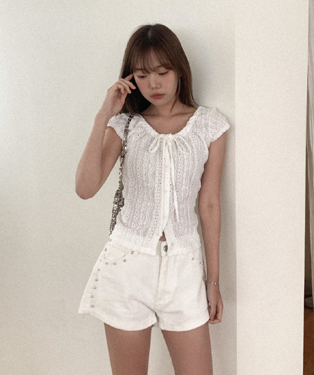 한국 chic 레이스업 주름 거품 소매 몸매 가꾸기 레이스 슬립 맨위