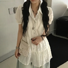 批发泡泡袖翻领短袖连衣裙 法式少女风温柔短裙A字裙