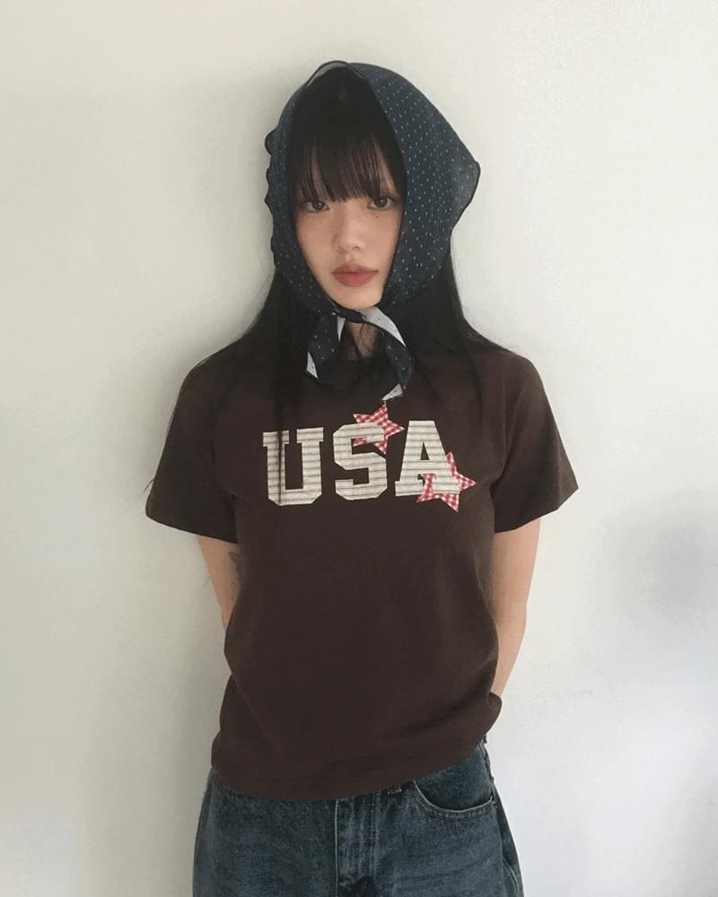 ins 아메리칸 스트라이프 usa 별 패치 라운드 넥 몸매 가꾸기 반팔 티셔츠