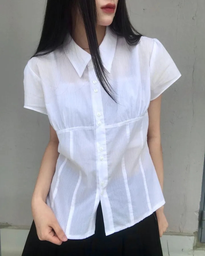 한국 chic 폴로 칼라 세로 줄무늬 주름 더블 버클 면 소재 반팔 셔츠