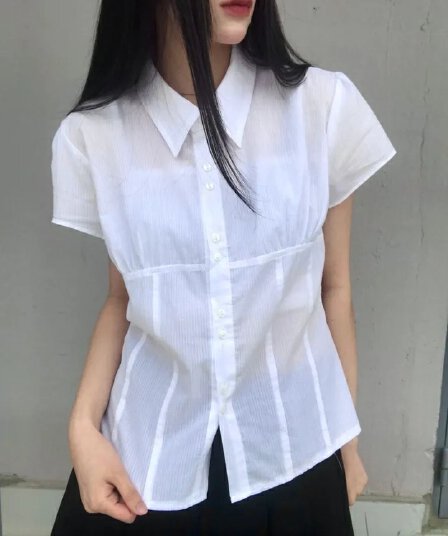 한국 chic 폴로 칼라 세로 줄무늬 주름 더블 버클 면 소재 반팔 셔츠
