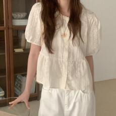 批发<b class='q'>韩国</b>chic 夏季圆领 花边 单排扣 短袖衬衫
