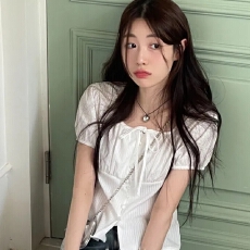 批发韩国chic 修身 泡泡袖抽褶 防漏 系带 短袖衬衫