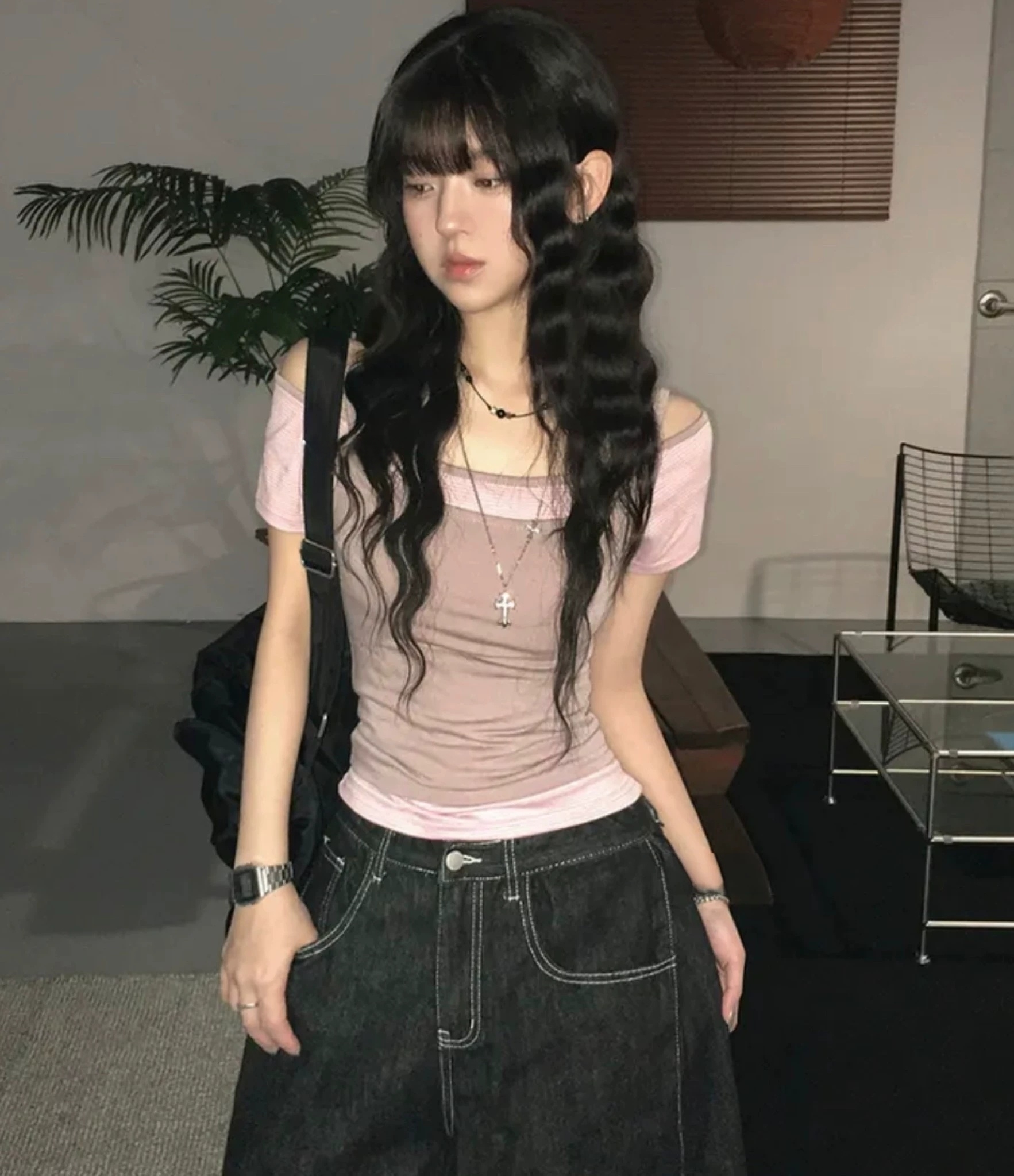 선적 중 한 부서 여름 스택 착용 오프숄더 슬림해 보이는 다용도 스트라이프 반팔 캐미솔 투피스 세트 맨위
