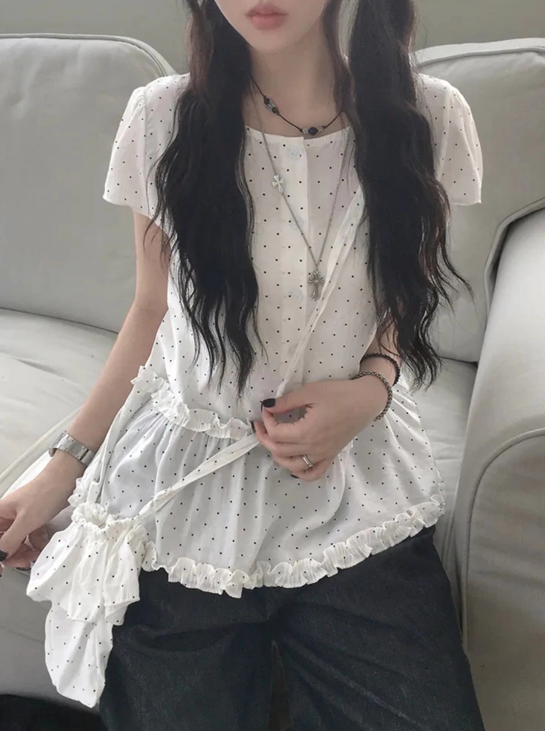 선적 중 한 부서 레트로 도트 무늬 단추 프릴 발레 바람 캐주얼 거품 소매 반팔 셔츠