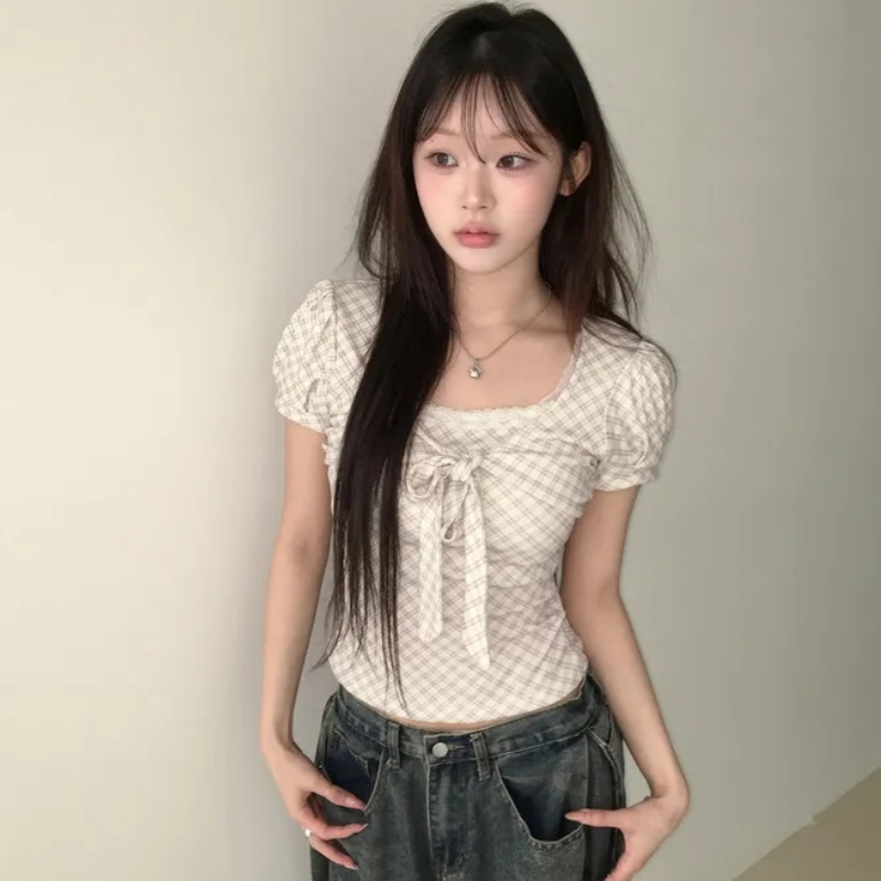 있음 선적 한국 chic 거품 소매 레이스 레이스 나비 매듭 몸매 가꾸기 체크무늬 반팔 셔츠