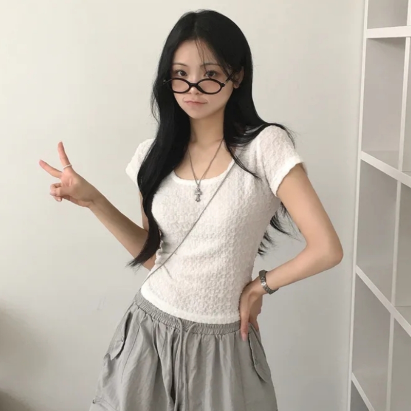 한국 chic 여름 니트 자카드 몸매 가꾸기 반팔 티셔츠