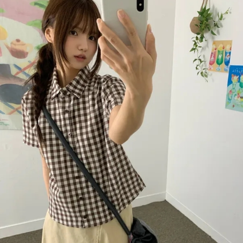 한국 chic 폴로 칼라 싱글 줄 버튼 체크무늬 반팔 셔츠