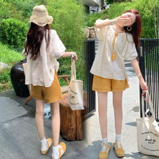 批发孕妇哺乳 韩系小清新套装女<b class='q'>夏</b>季修身甜系刺绣衬衫初<b class='q'>夏</b>穿搭两件套