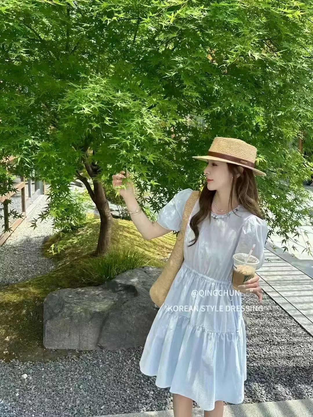 임산부 수유 프랑스식 u 칼라 거품 소매 여성 드레스 여름 작은 키 허리 수축 슬림해 보이는 아름다운 첫사랑 치마