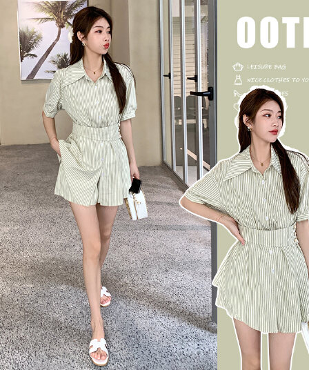 실사 임신 피드 2026 새로운 패션 세트 여성 한국 스타일 POLO 칼라 허리 수축 맨위 하이웨이스트 반바지 투피스 세트
