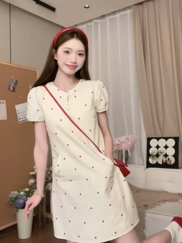 임산부 수유 연인 도트 무늬 프랑스식 작은 스탠드 칼라 디자인 센스 품격 다용도 도트 무늬 반팔 드레스