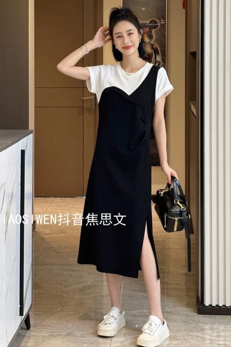 임산부 수유 패션 외국 가스 슬림해 보이는 다용도 연령 감소 패치워크 롱 코트 반팔 드레스