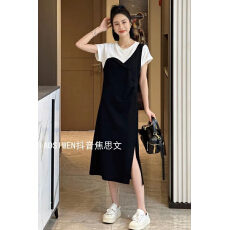 批发孕妇哺乳时尚洋气显瘦百搭减龄拼接长款短袖连衣裙