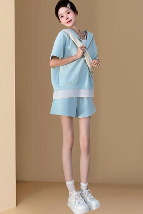 임산부 수유 느긋한 바람 페이크 레이어드 반팔 맨위 넓은 다리가 짧다. 바지 세트 여성 여름 새로운 투피스 세트 슬림해 보이는