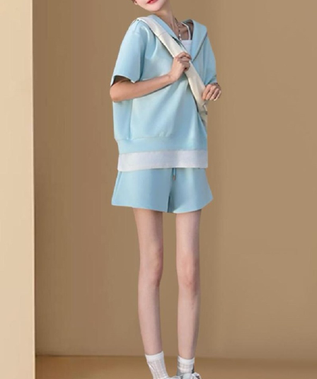 임산부 수유 느긋한 바람 페이크 레이어드 반팔 맨위 넓은 다리가 짧다. 바지 세트 여성 여름 새로운 투피스 세트 슬림해 보이는